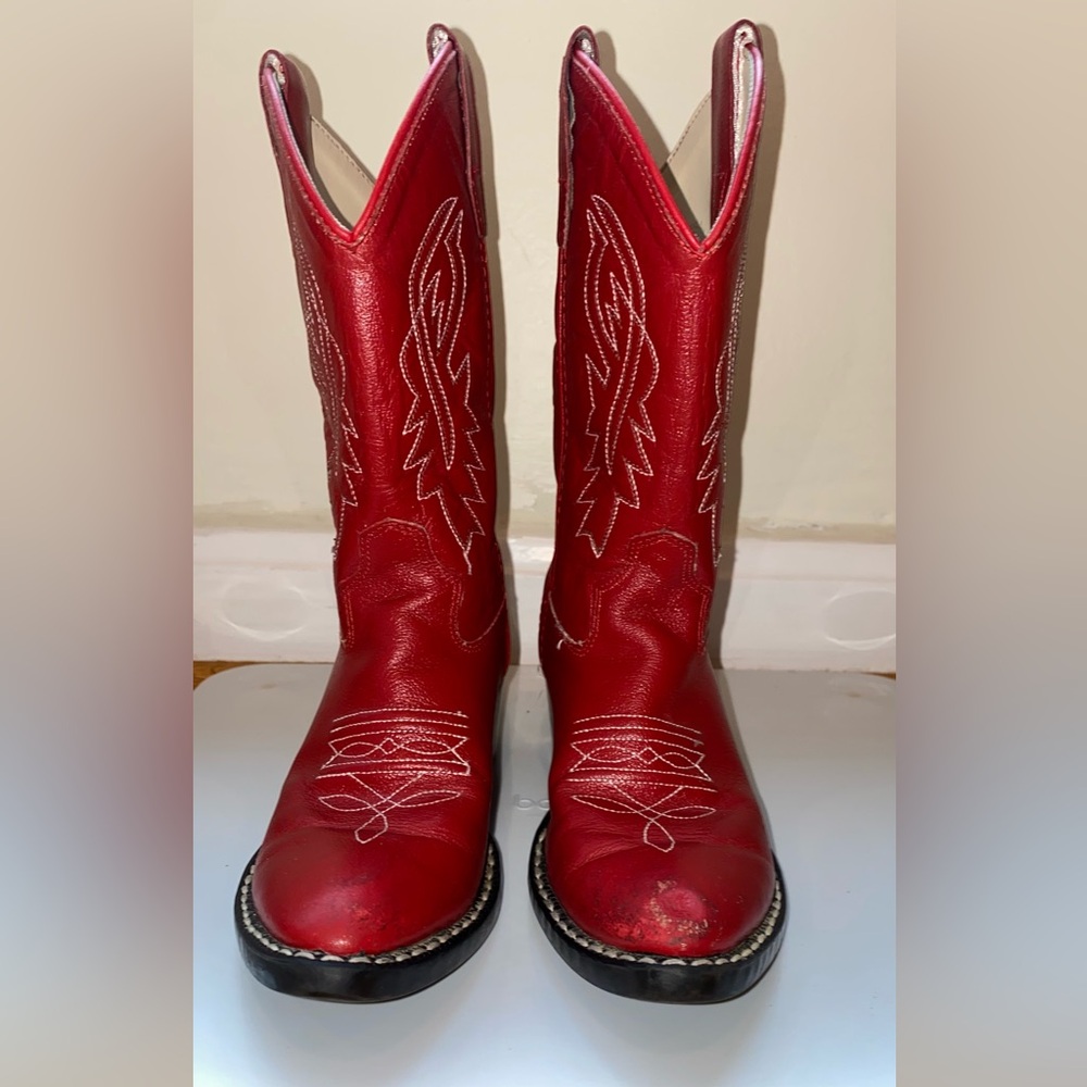 Old West Child Red Cowboy Boots Genuine Leather Pointed Toe Kid Sz Appx 1 or 1.5
